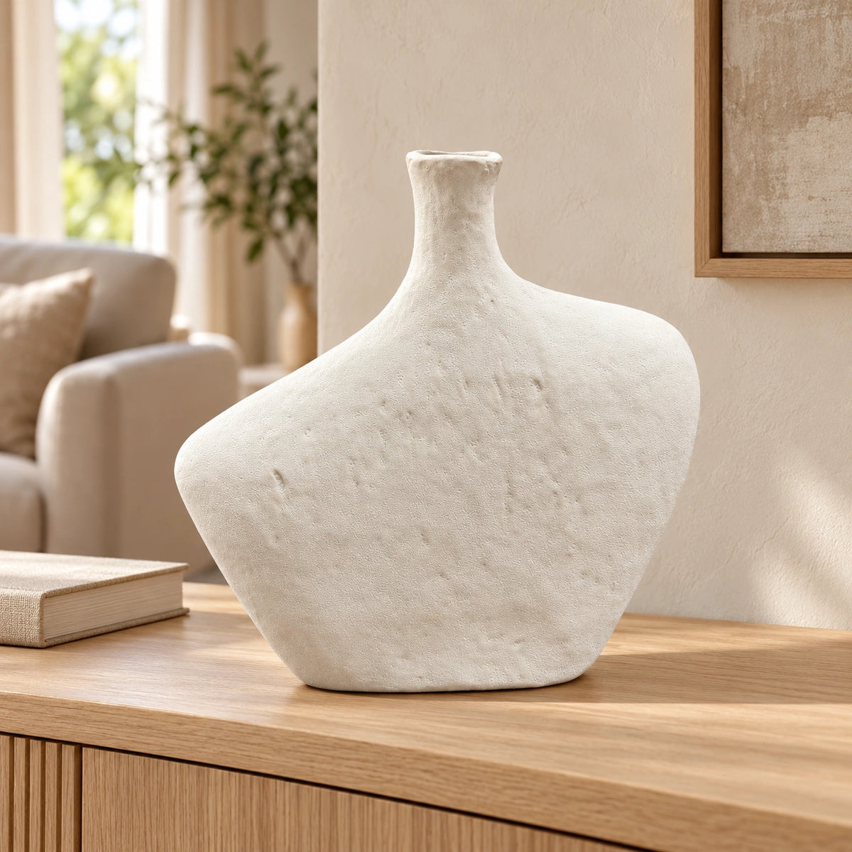 Off-white textured asymmetric oval decor vase styled on an oak console