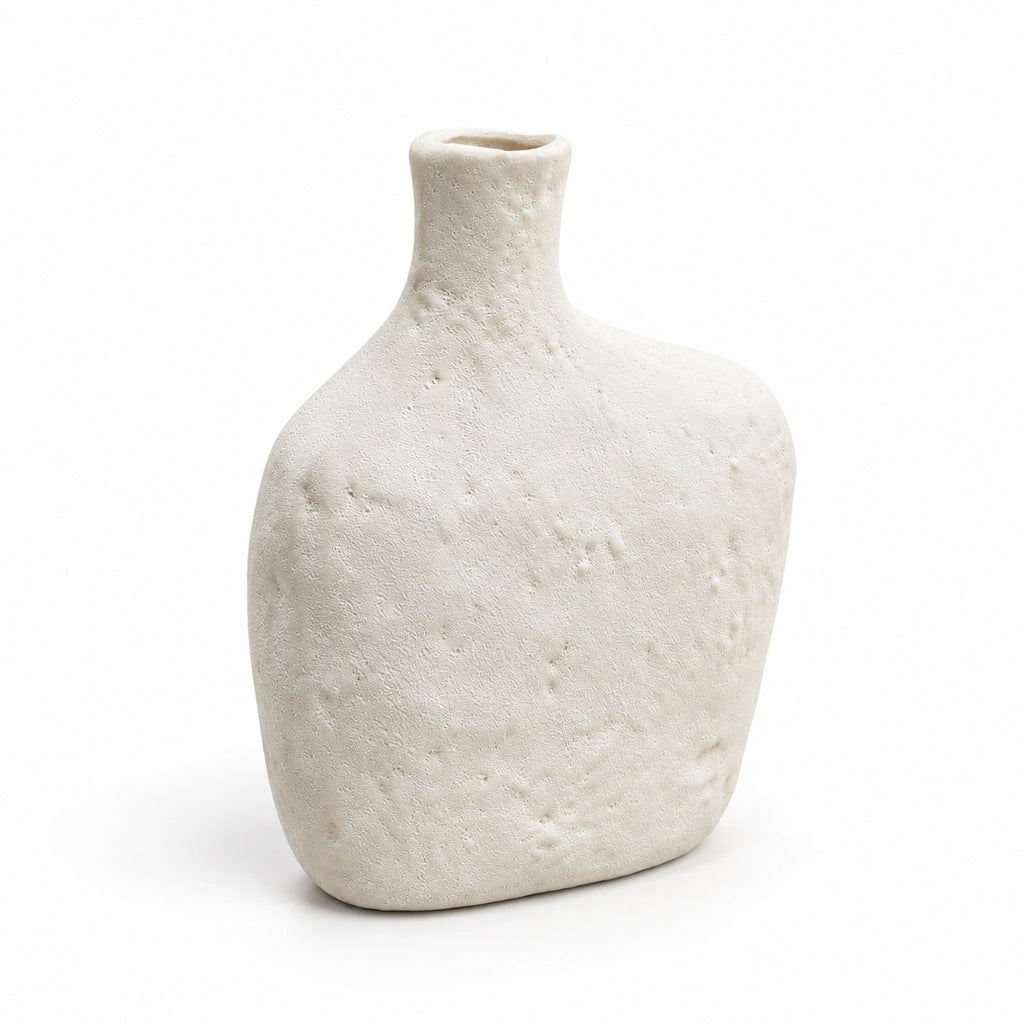 XXT93 off-white textured flat bottle decor vase, full angled view