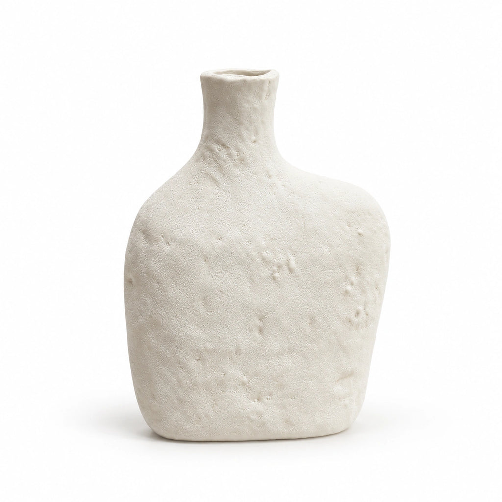 XXT93 off-white textured flat bottle decor vase, full front view