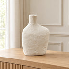 XXT93 off-white textured flat bottle decor vase on an oak console