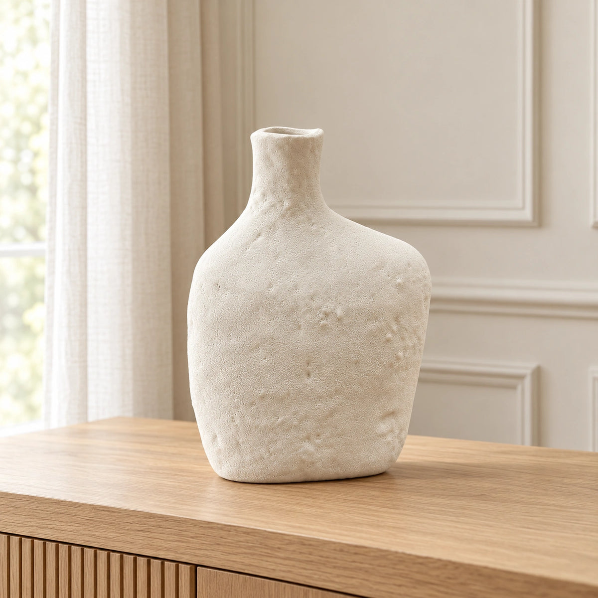 XXT93 off-white textured flat bottle decor vase on an oak console