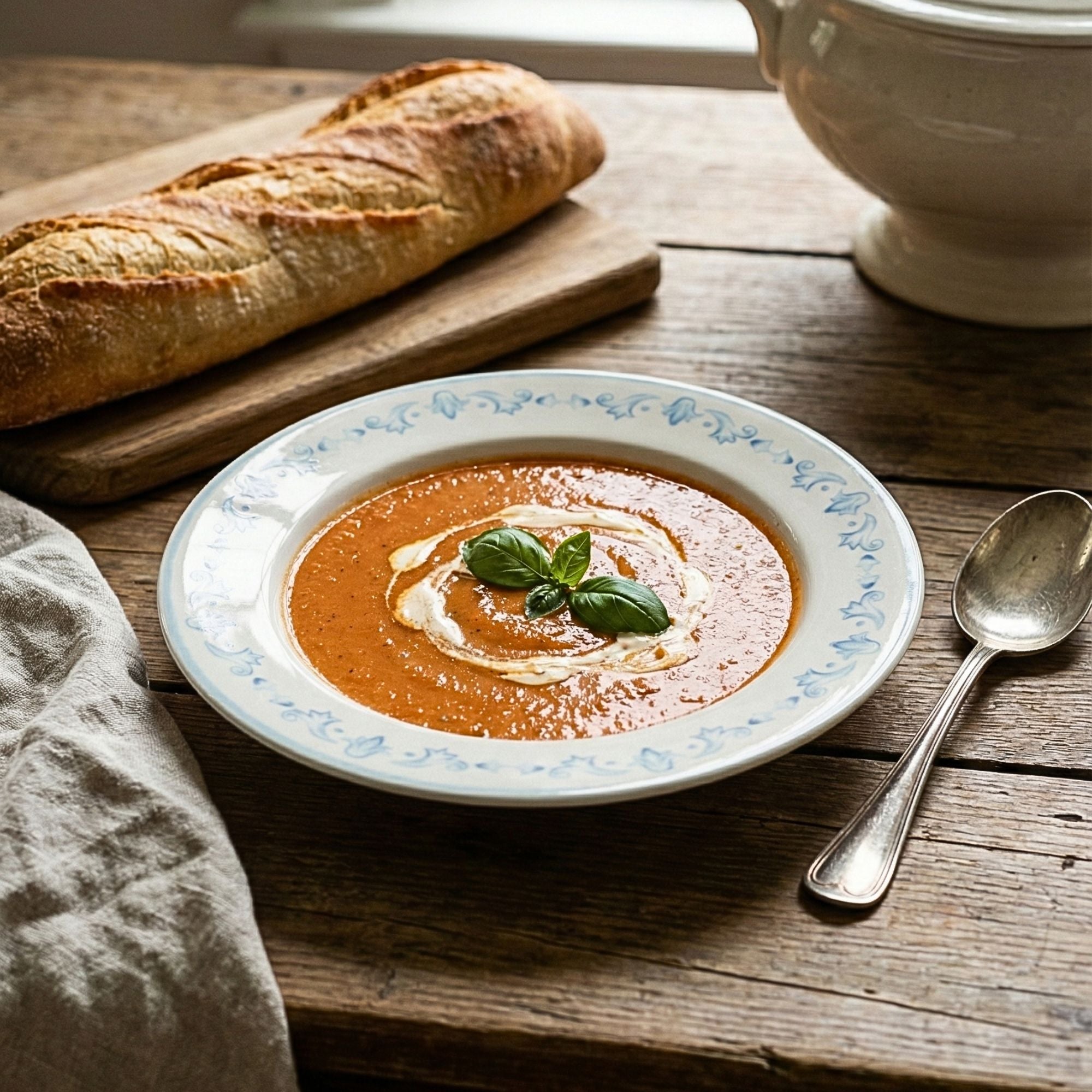 Tomato soup with a swirl of cream and basil leaves on a wooden table with bread and a spoon.