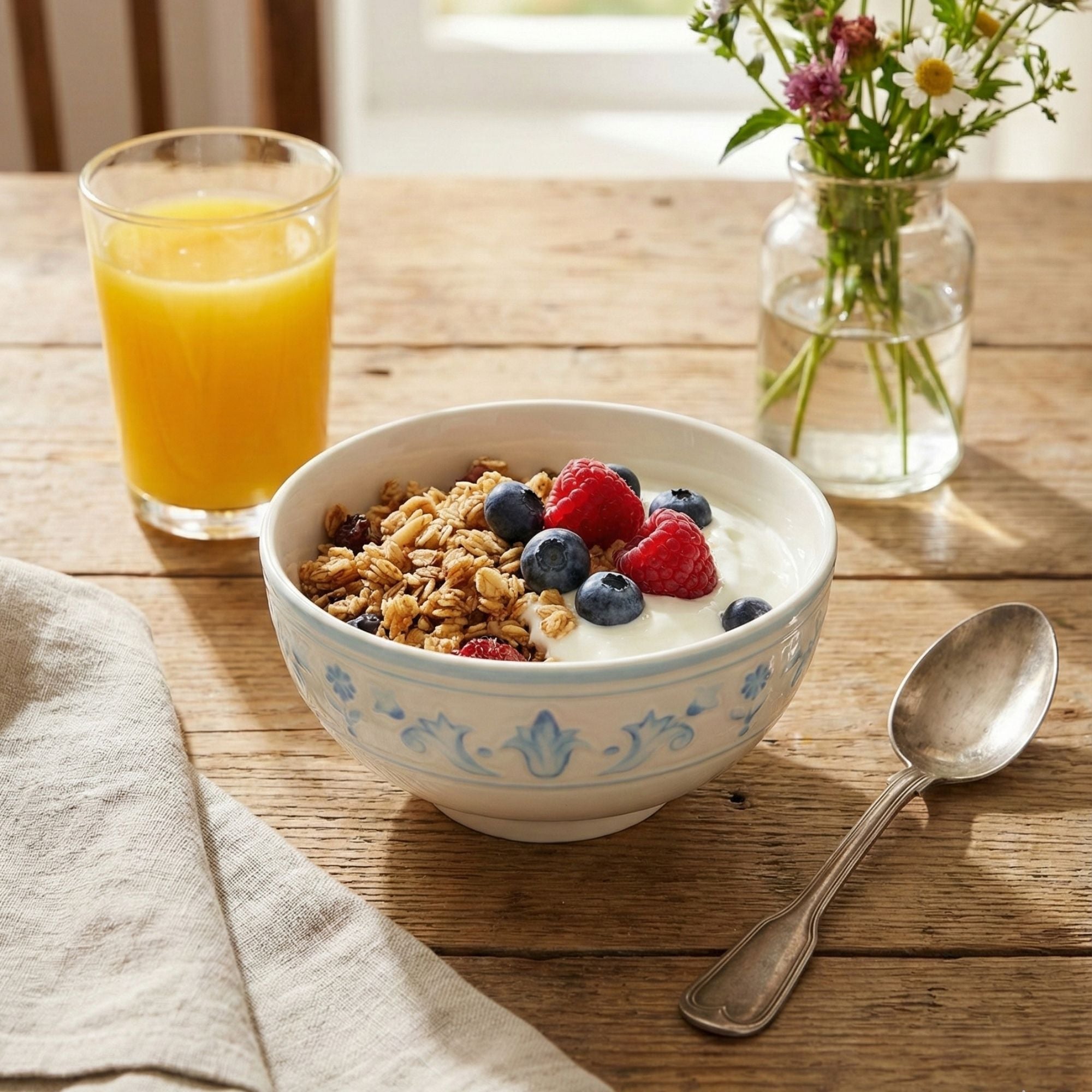 Bowl of cereal with yogurt, berries, and a glass of orange juice on a wooden table.