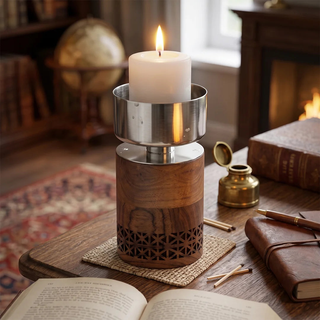74815-B Luhpar Prism Wood & Stainless Steel Candle Holder