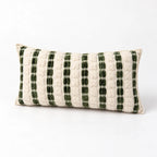 Full ivory and olive 27 x 50 cm cushion, angled view