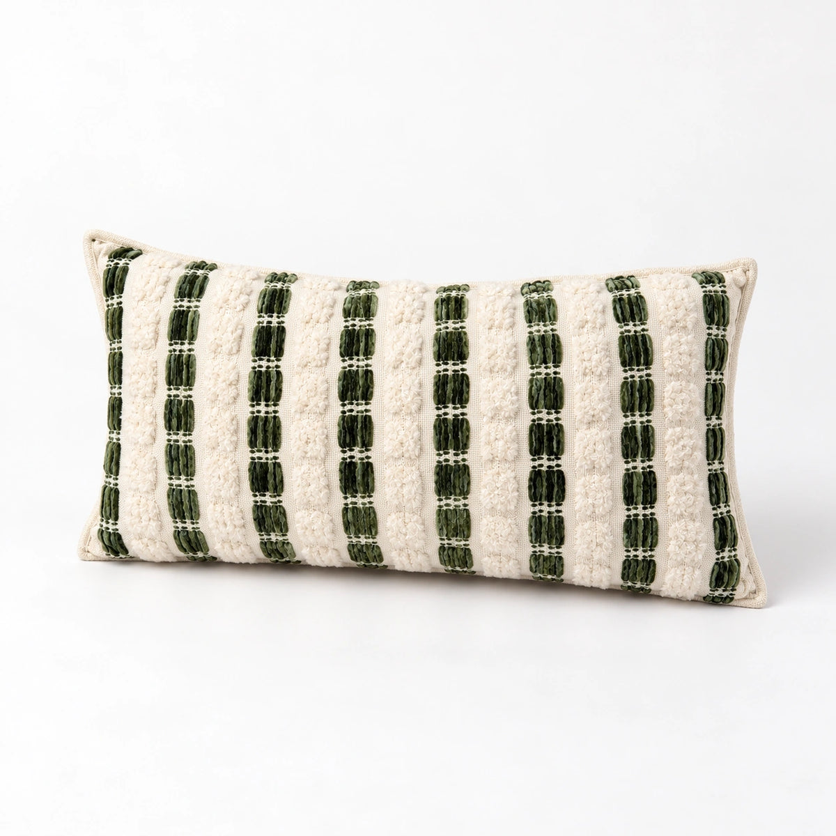 Full ivory and olive 27 x 50 cm cushion, angled view