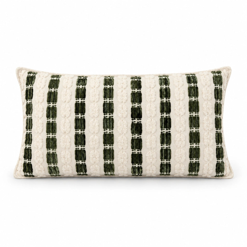 Full ivory and olive 27 x 50 cm cushion, front view