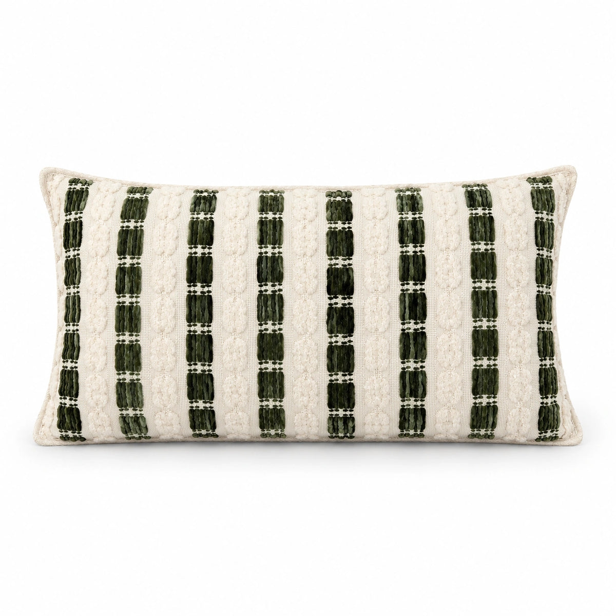 Full ivory and olive 27 x 50 cm cushion, front view