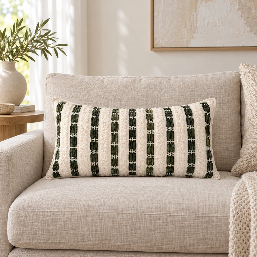 Full ivory and olive 27 x 50 cm cushion styled on a sofa