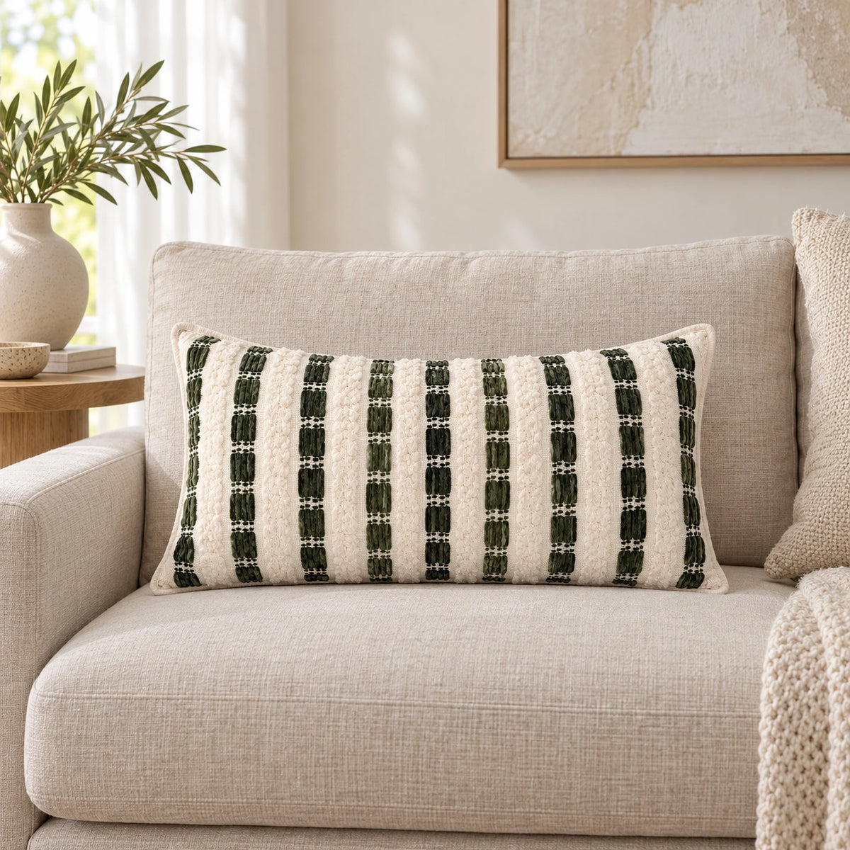 Full ivory and olive 27 x 50 cm cushion styled on a sofa
