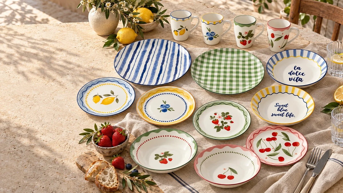 All fourteen Bellavita ceramic designs arranged together on a sunlit Italian-inspired table