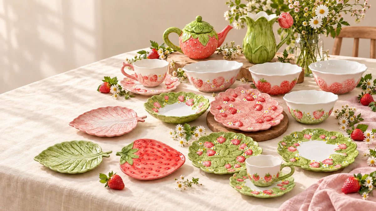 Berry Bloom strawberry and blossom tableware in blush pink and fresh green on a sunlit table