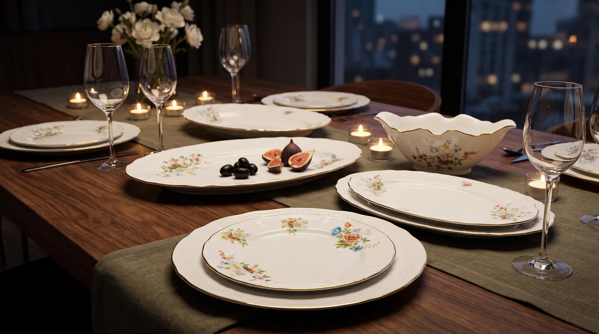 Classic Garden floral porcelain plates and serving pieces on a candlelit walnut dinner table