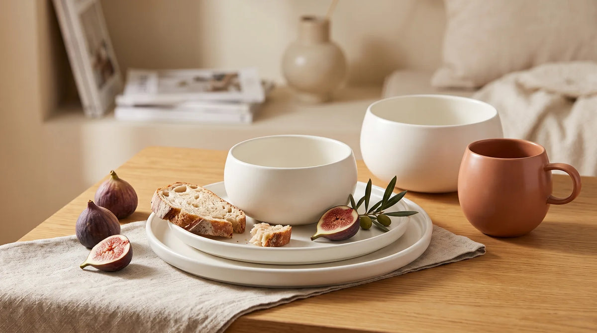 Ivory bowls and plates with a terracotta-toned mug on a sunlit oak breakfast table