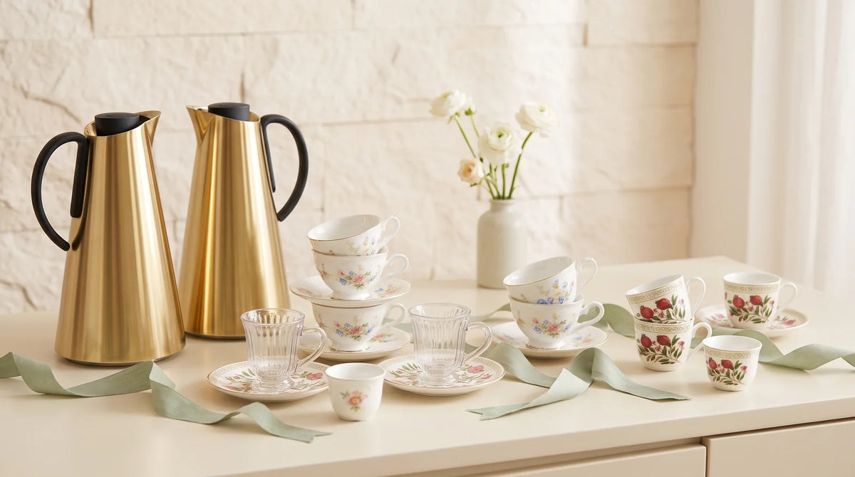 Gold Adaman jugs and floral porcelain tea and cawa gifts with sage ribbon