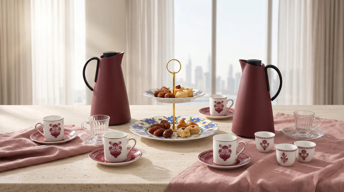 Burgundy Adaman jugs, decorated cups and a two-tier cake stand in a bright afternoon setting