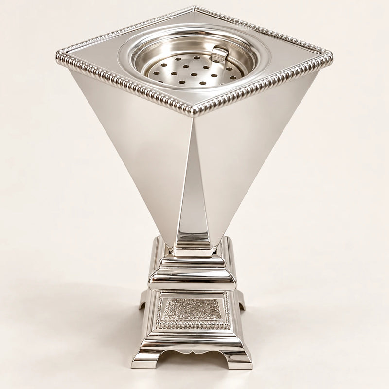 Polished silver metal bakhoor incense burner, 20cm height, studio view