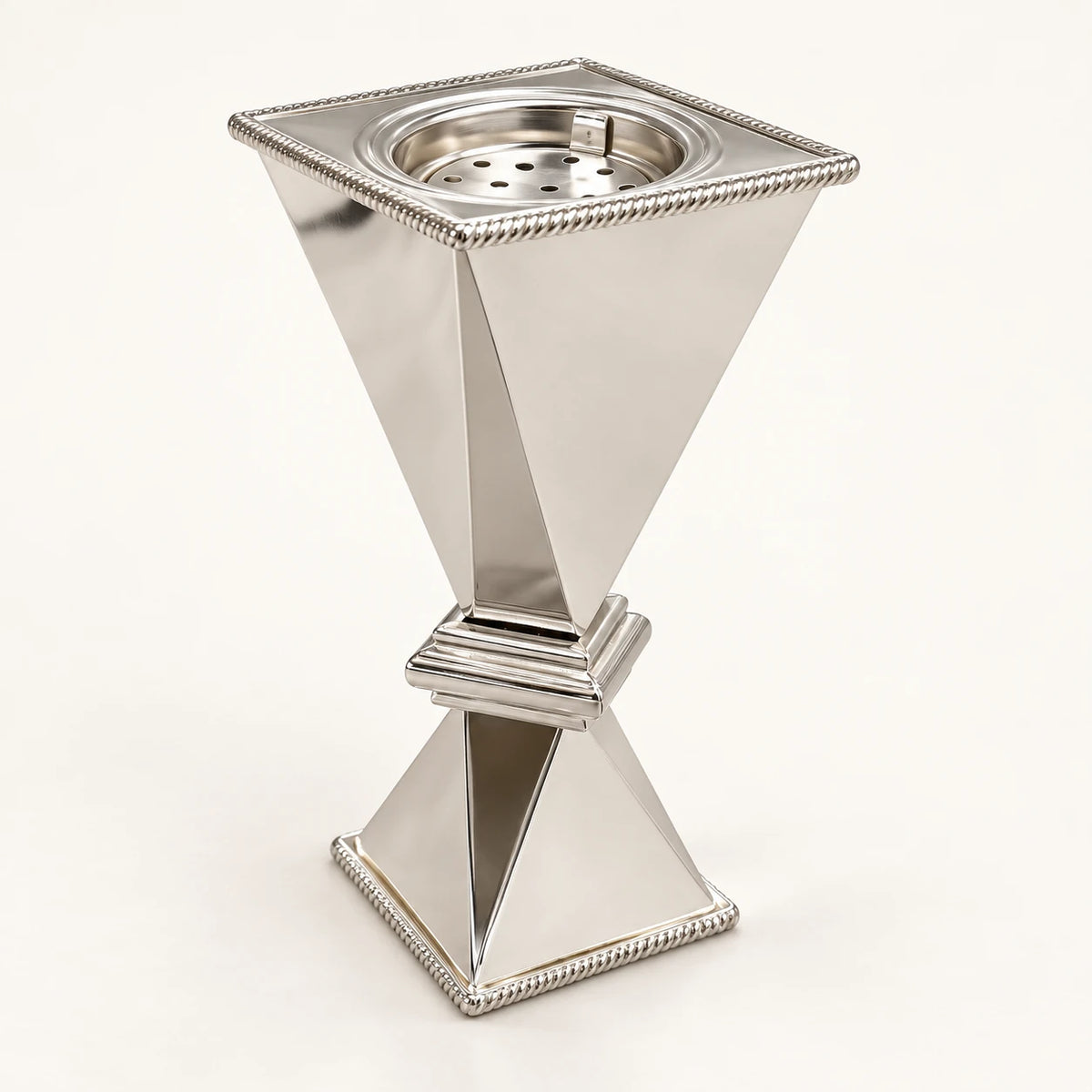 Polished silver metal bakhoor incense burner, 25cm height, studio view