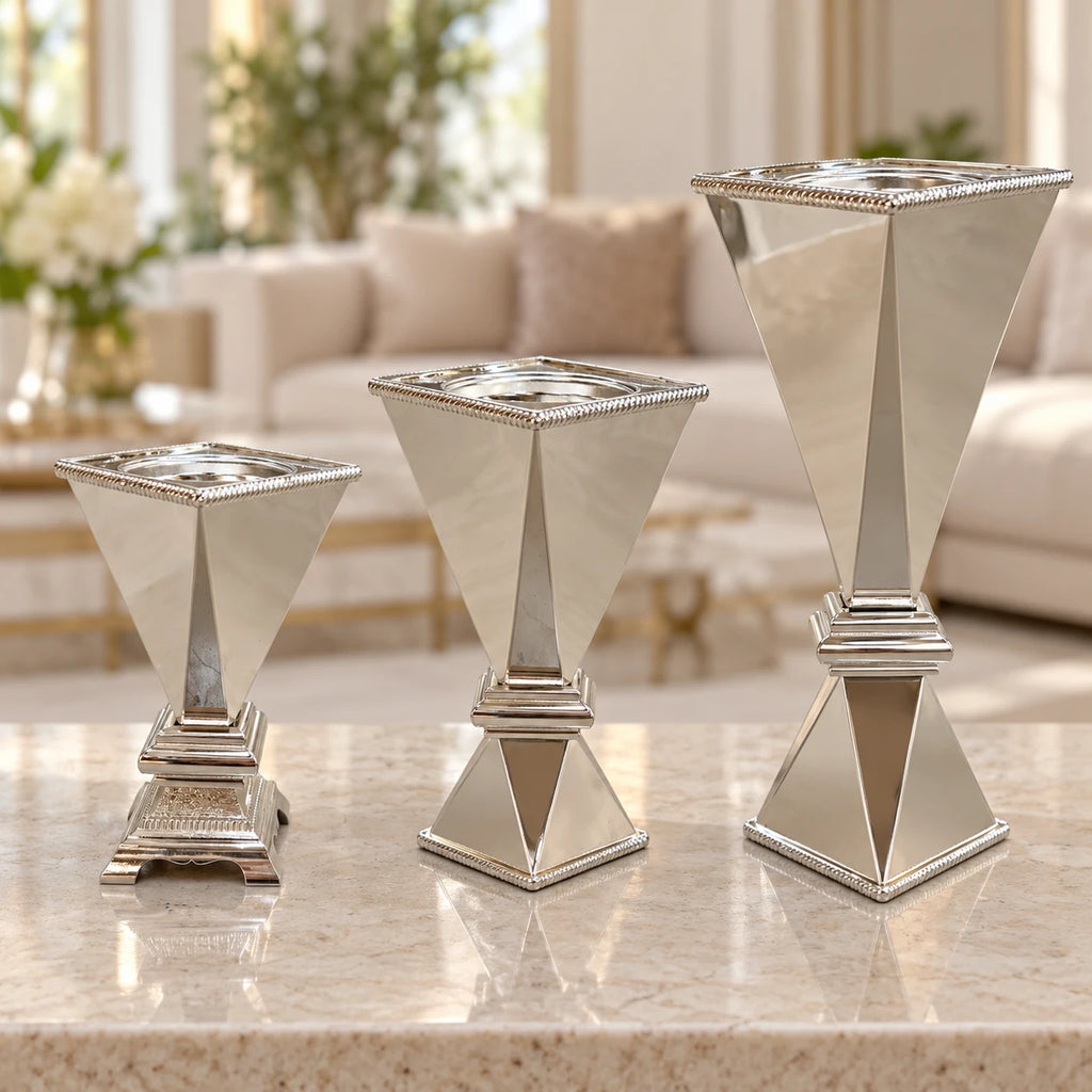 Polished silver bakhoor incense burners in 20 cm, 25 cm and 35 cm heights together