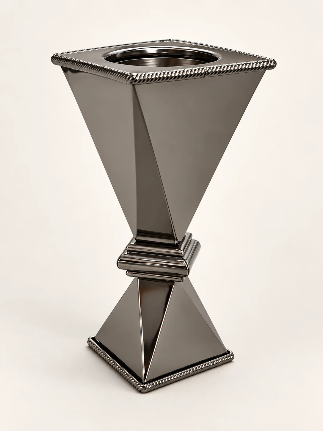 Silver-tone geometric metal bakhoor incense burner, 25cm height, studio view