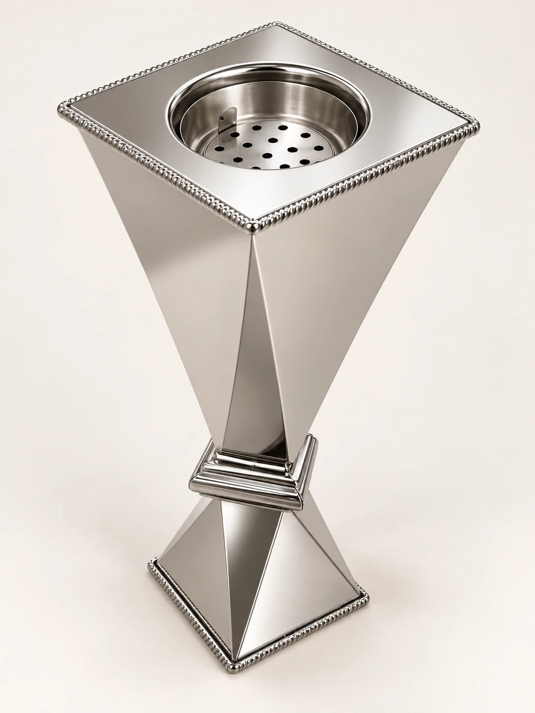 Silver-tone geometric metal bakhoor incense burner, 35cm height, studio view