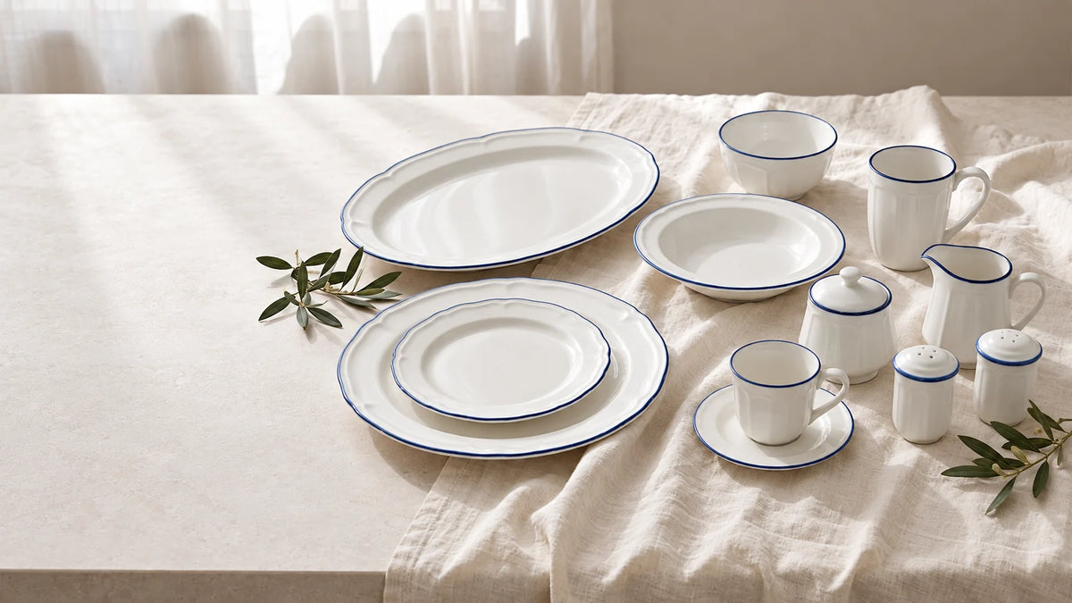 Virelle ivory tableware with fine blue rims arranged on a sunlit linen table