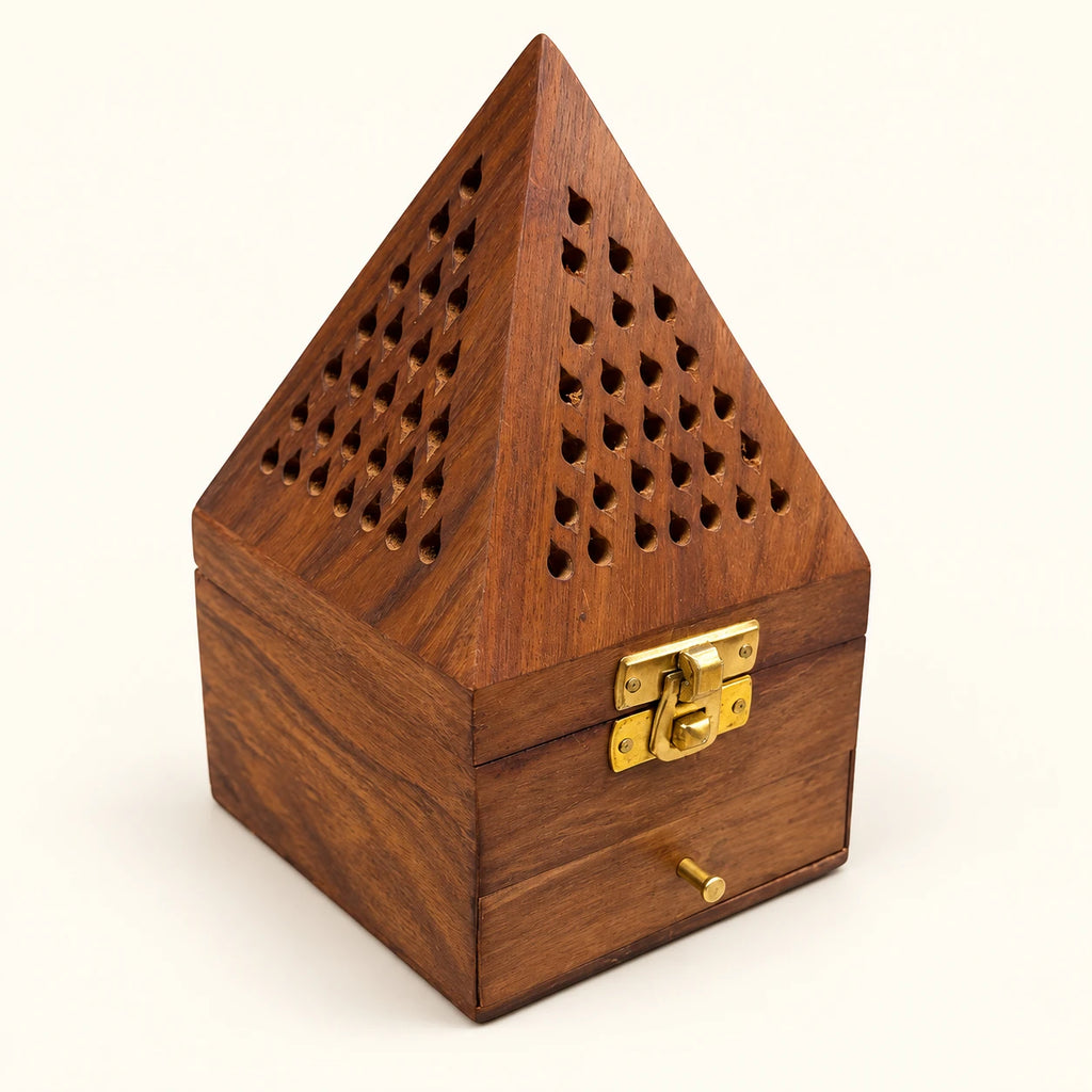 Brown wooden pyramid incense burner WLDJ-7128/M with teardrop cut-outs, gold-toned clasp and storage drawer