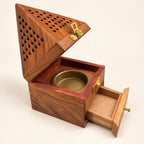WLDJ-7128/M wooden incense burner with hinged lid open, showing the round metal bowl and pull-out storage drawer