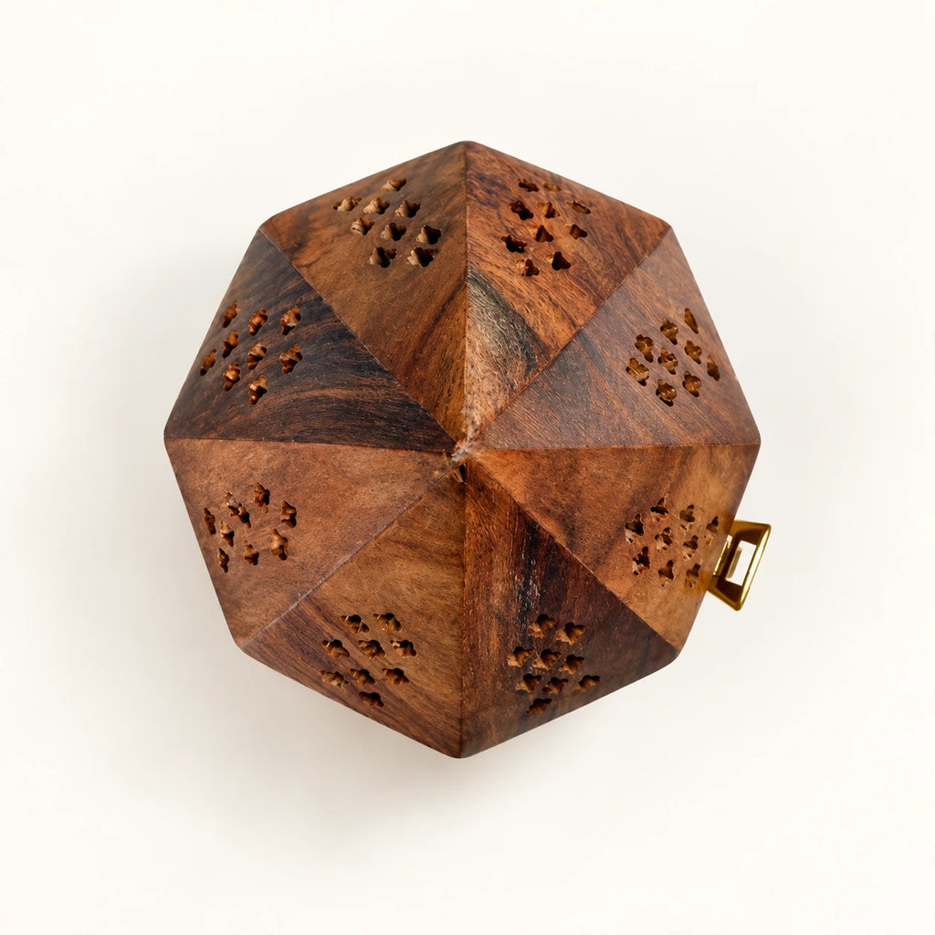 Top view showing the eight-sided octagonal lid of wooden incense burner WLDJ-7153-N/L