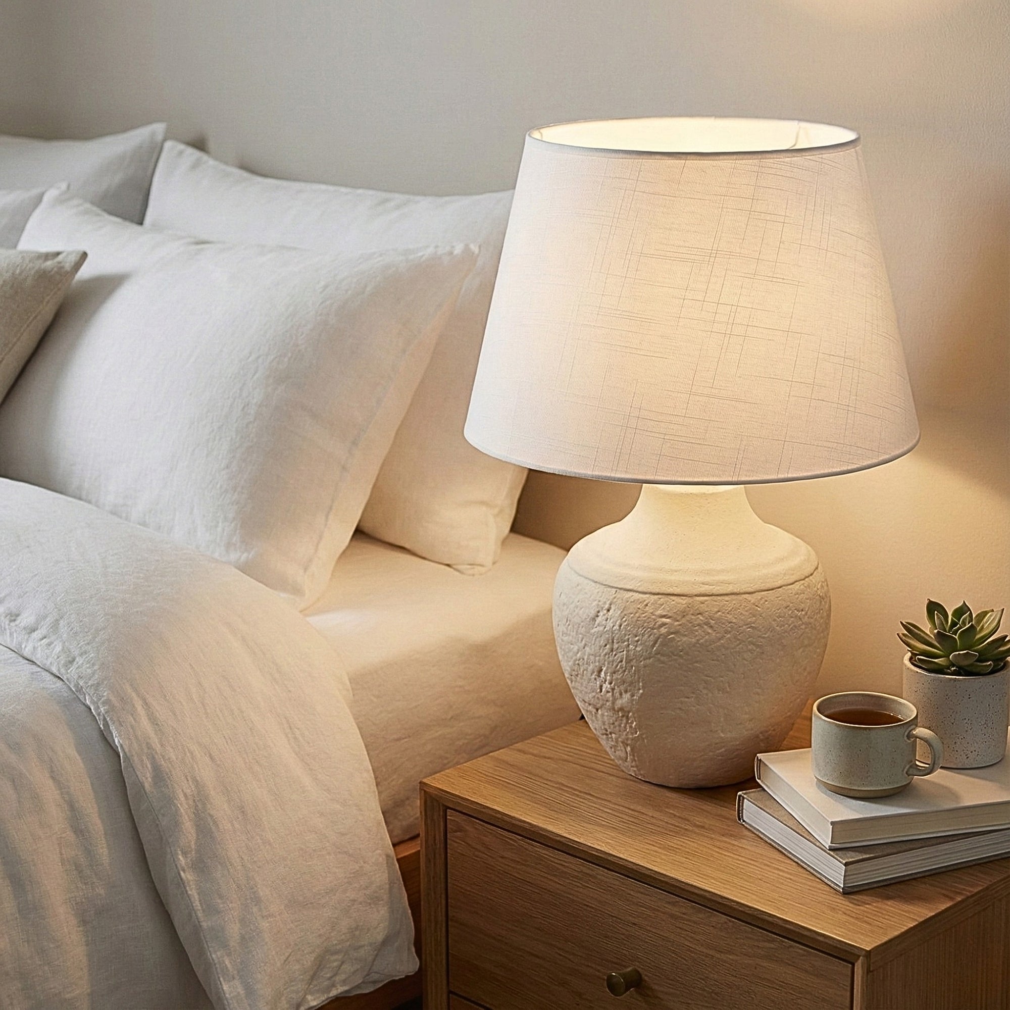 Luhpar  ceramic table lamp with textured plaster finish and large white linen shade