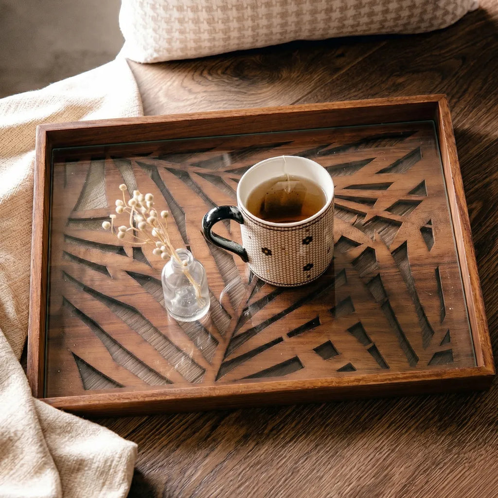 20-16 Rectangular Wooden Serving Tray with Palm Leaf Glass Base – Medium / Small