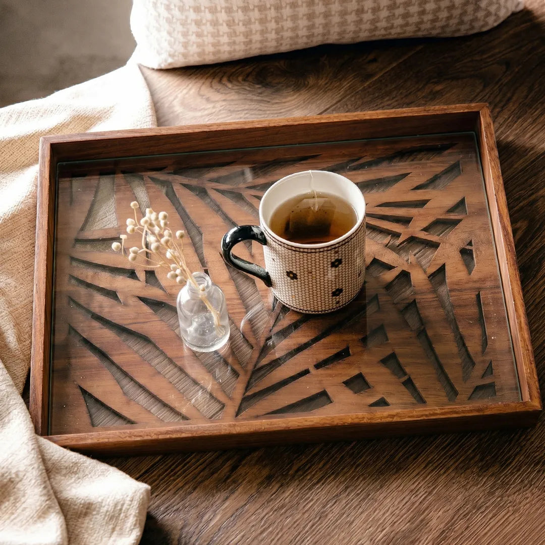 20-16 Rectangular Wooden Serving Tray with Palm Leaf Glass Base – Medium / Small