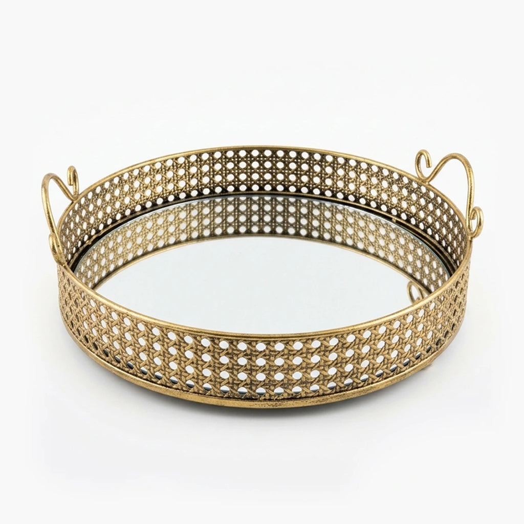 A419-9 Round Gold Metal Mirrored Tray with Handles (Small / Medium)