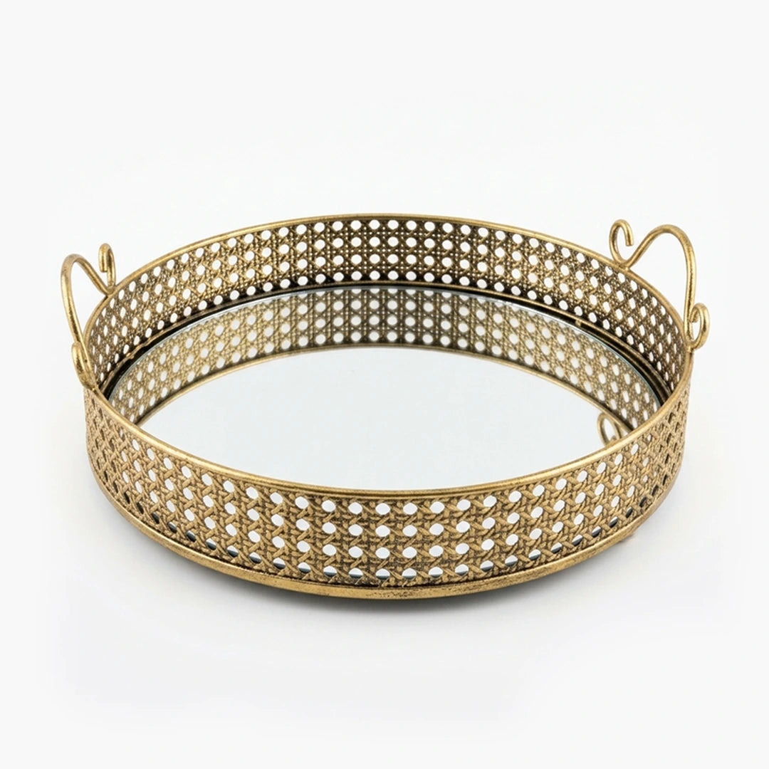 A419-9 Round Gold Metal Mirrored Tray with Handles (Small / Medium)