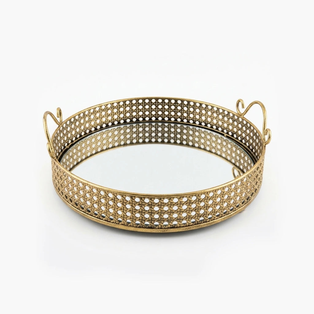 A419-9 Round Gold Metal Mirrored Tray with Handles (Small / Medium)
