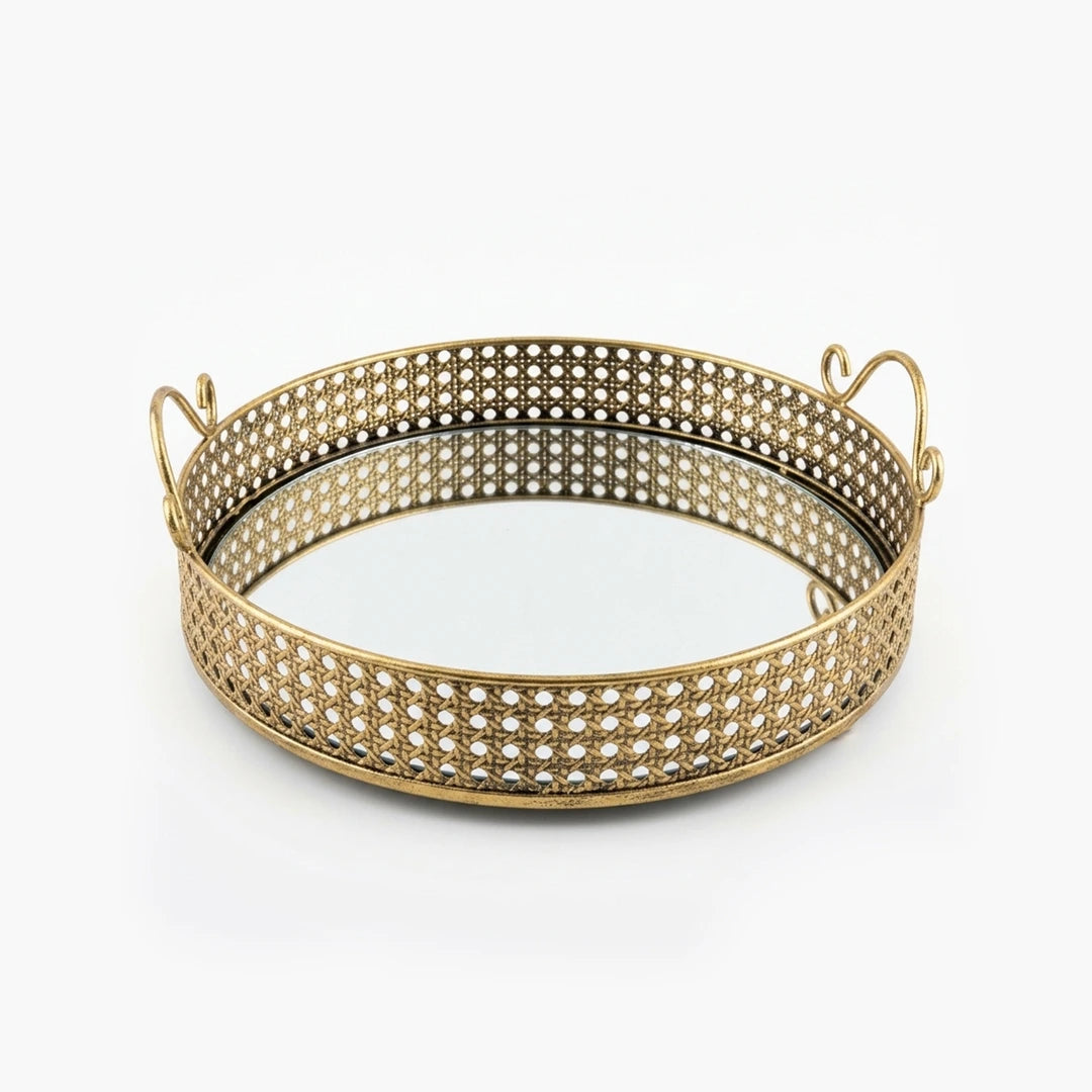 A419-9 Round Gold Metal Mirrored Tray with Handles (Small / Medium)