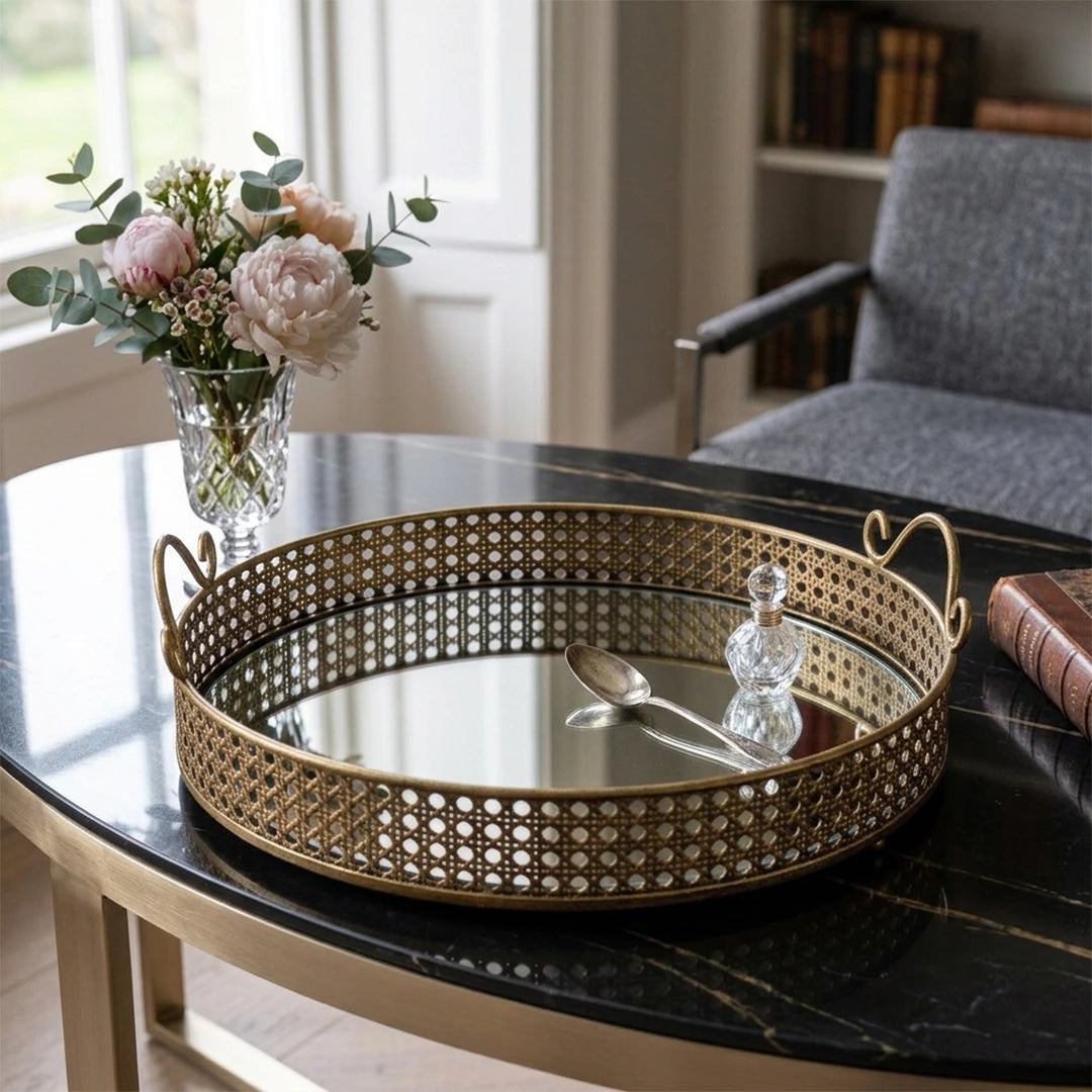 A419-9 Round Gold Metal Mirrored Tray with Handles (Small / Medium)