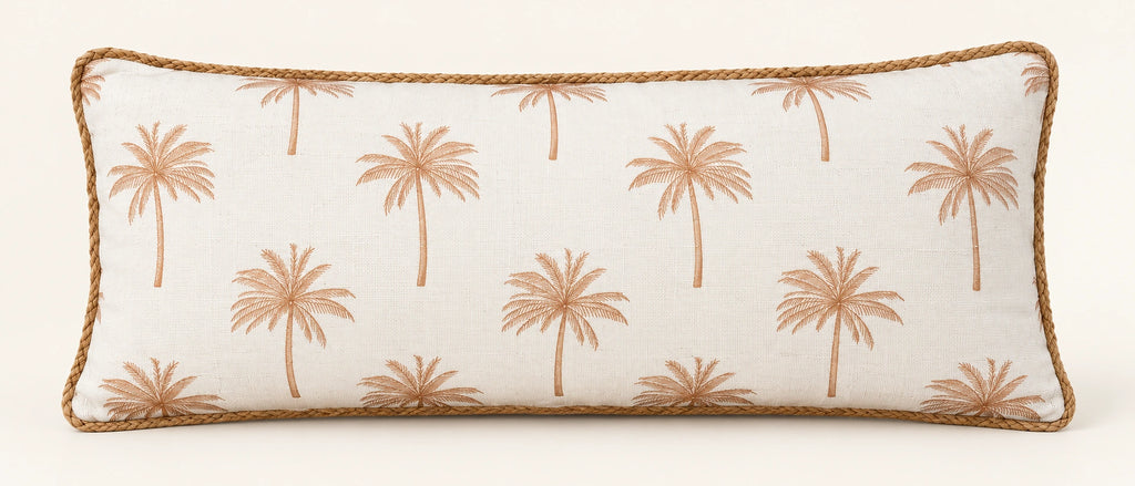 Beige palm filled lumbar cushion 30 × 70 cm — front