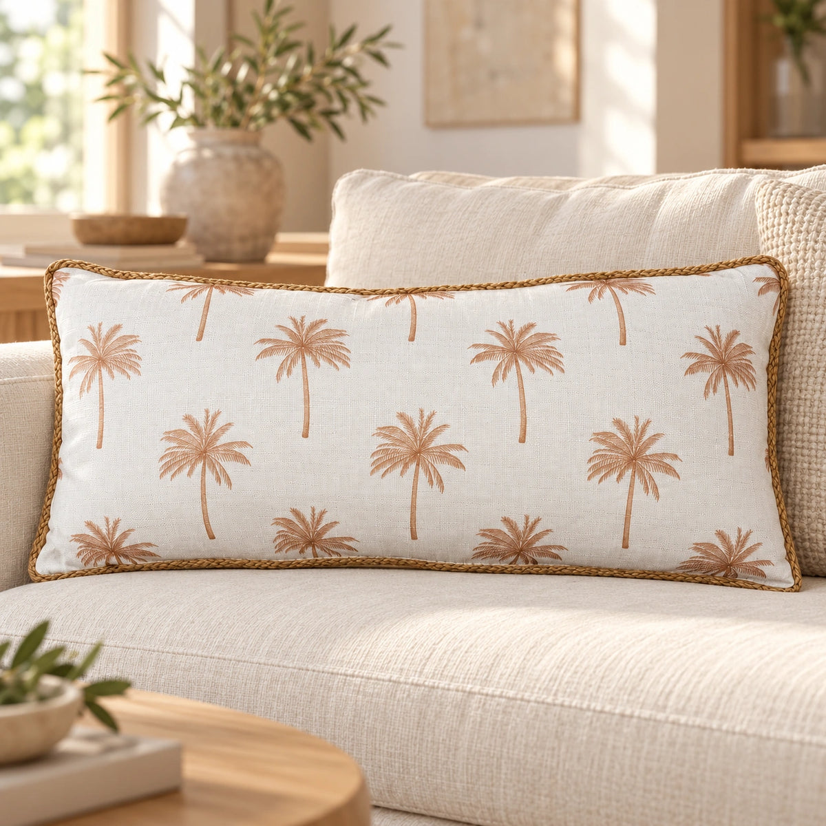 Beige palm filled lumbar cushion 30 × 70 cm — lifestyle