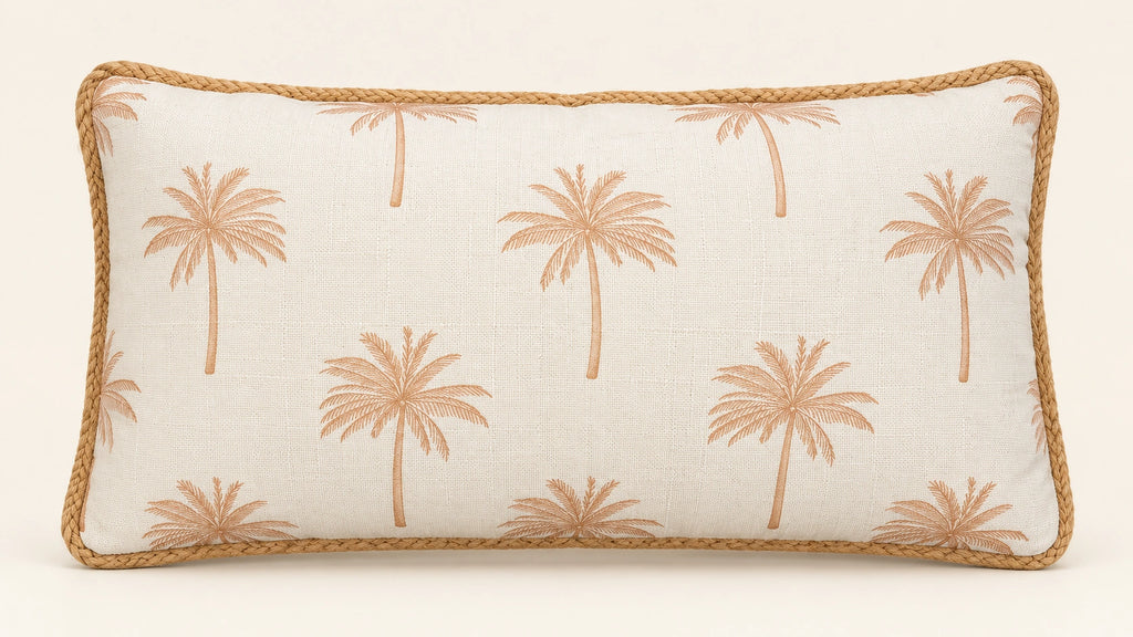 Beige palm filled lumbar cushion 28 × 50 cm — front