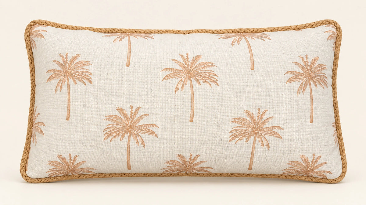 Beige palm filled lumbar cushion 28 × 50 cm — front