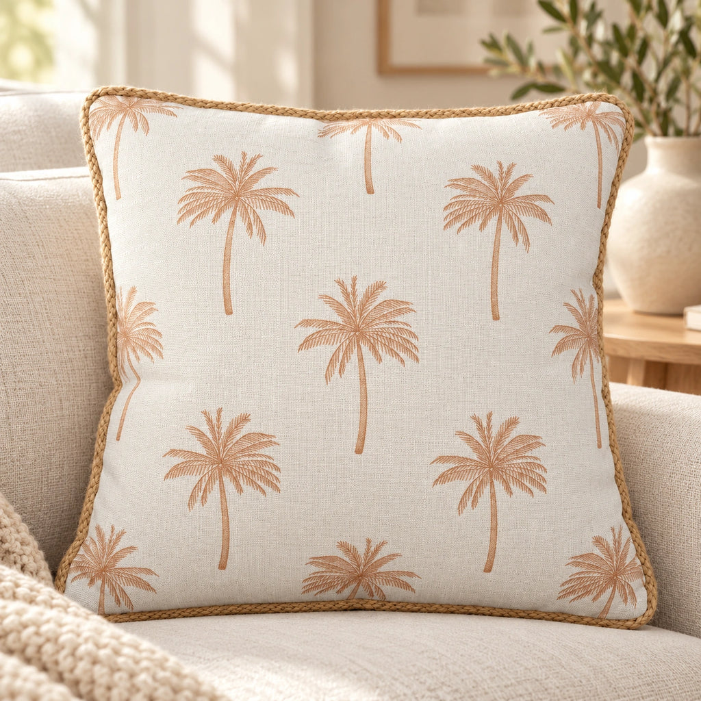 Beige palm filled cushion 43 × 43 cm — lifestyle