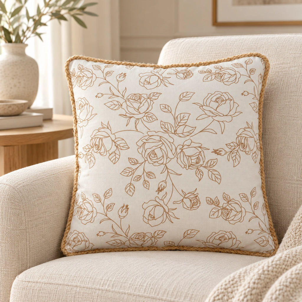 Beige rose filled cushion, 43 x 43 cm – lifestyle view