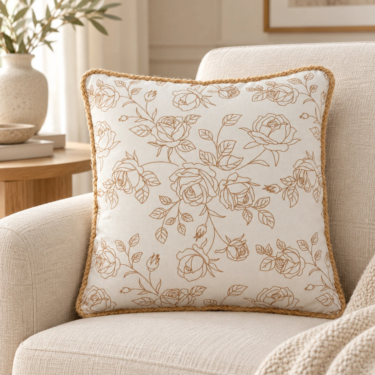 Beige rose filled cushion, 43 x 43 cm – lifestyle view