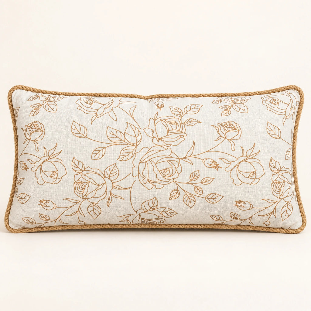 Beige rose filled lumbar cushion, 30 x 70 cm – front