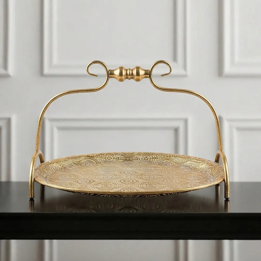 58-4 Luhpar Round Gold Metal Tray with Raised Handle (Small / Medium)