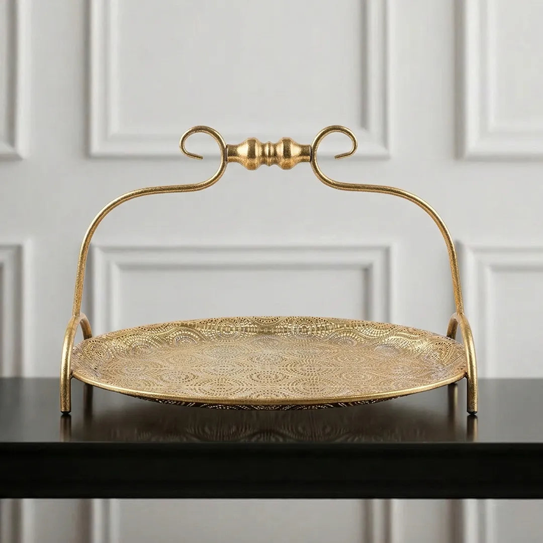 58-4 Luhpar Round Gold Metal Tray with Raised Handle (Small / Medium)