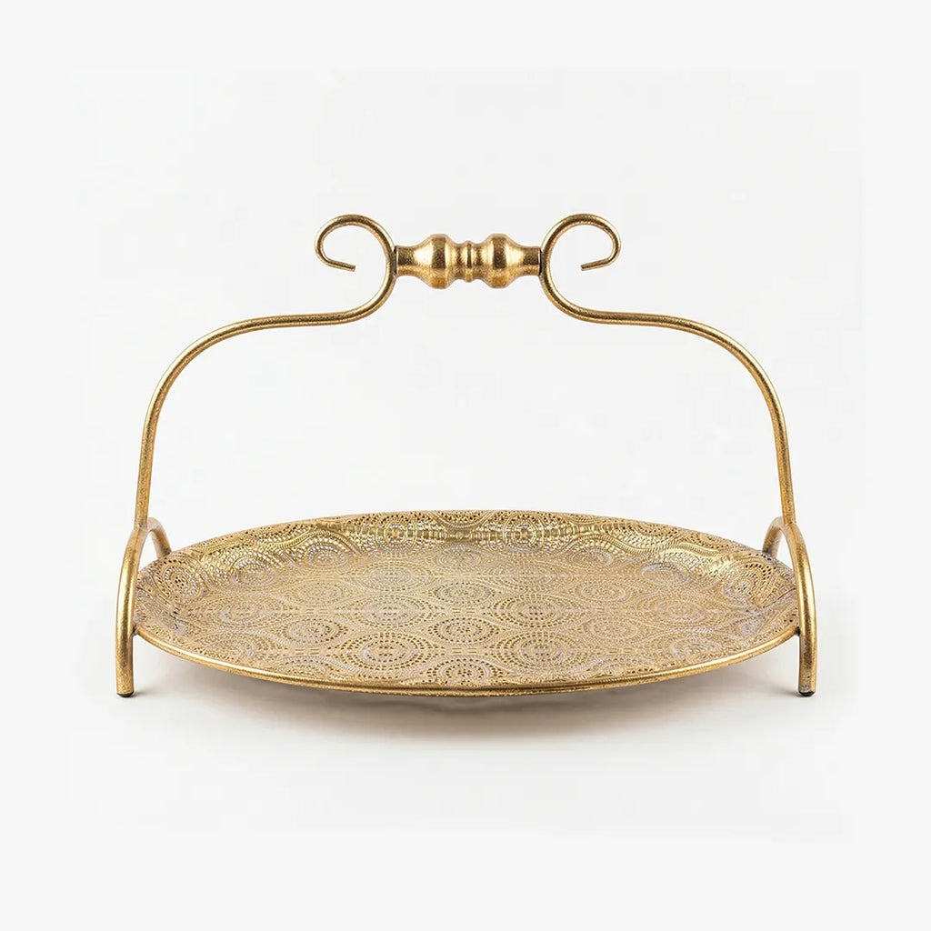 58-4 Luhpar Round Gold Metal Tray with Raised Handle (Small / Medium)