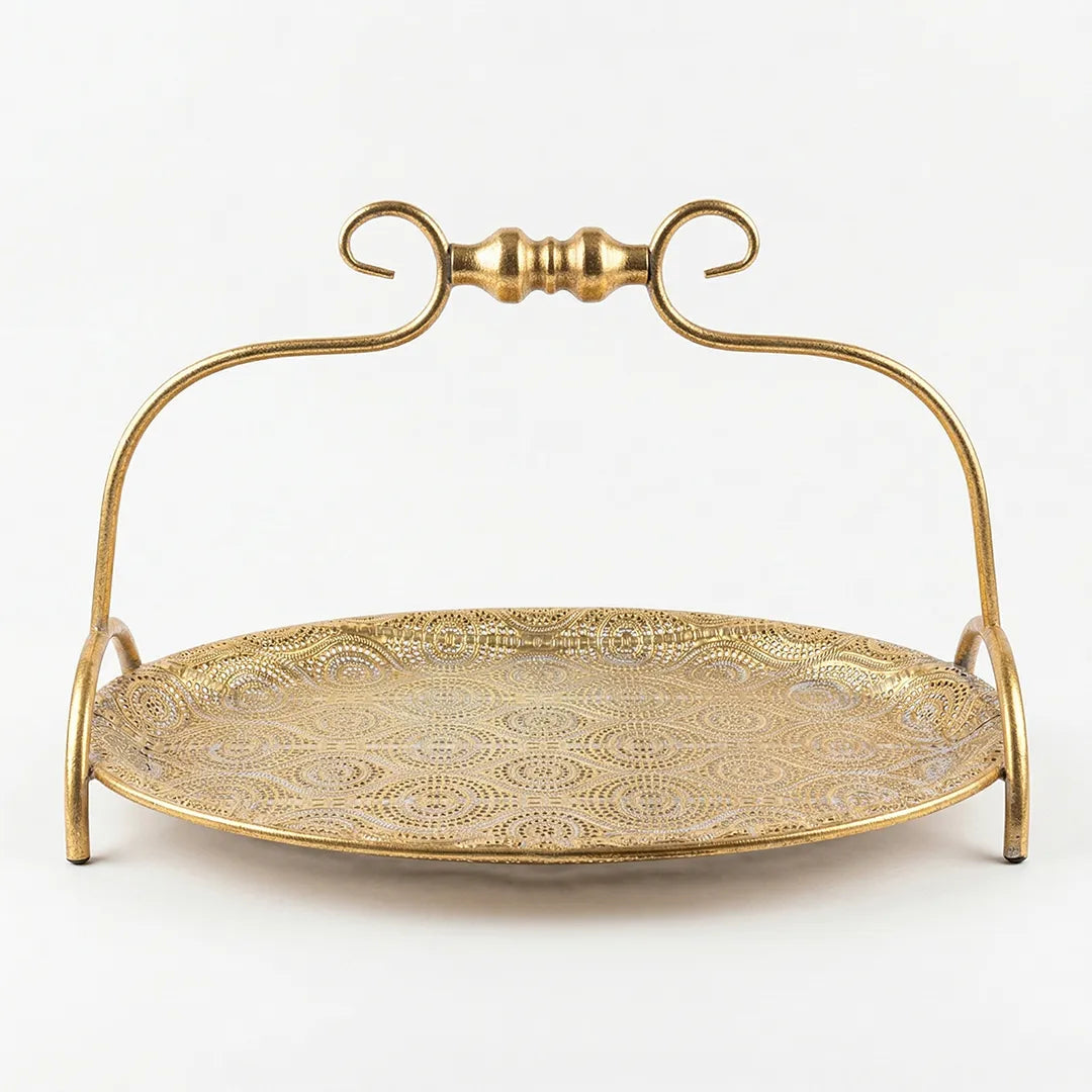 58-4 Luhpar Round Gold Metal Tray with Raised Handle (Small / Medium)