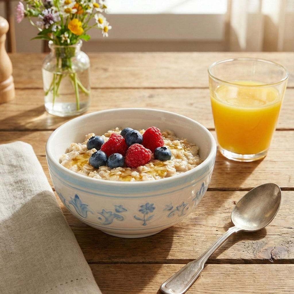 Bowl of oatmeal with berries and a glass of orange juice on a wooden table.